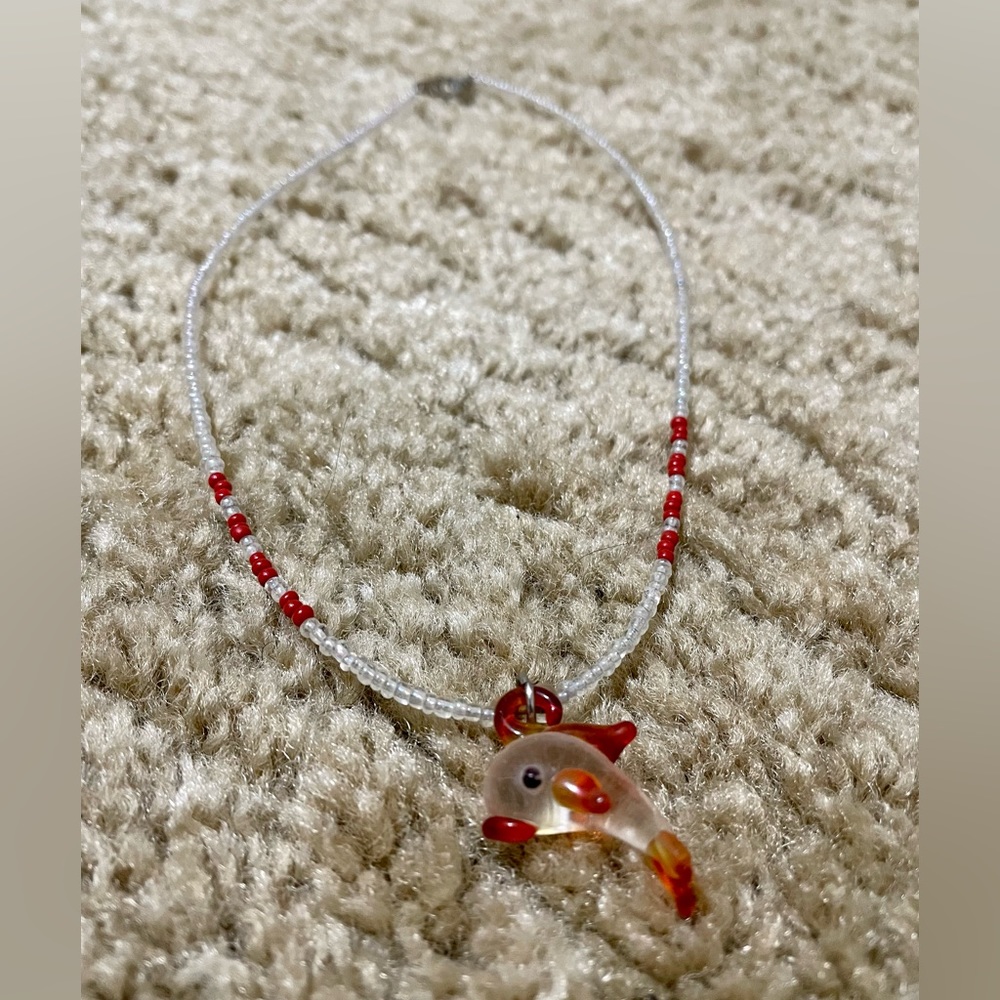 White and Red Dolphin Pendant Beaded Necklace